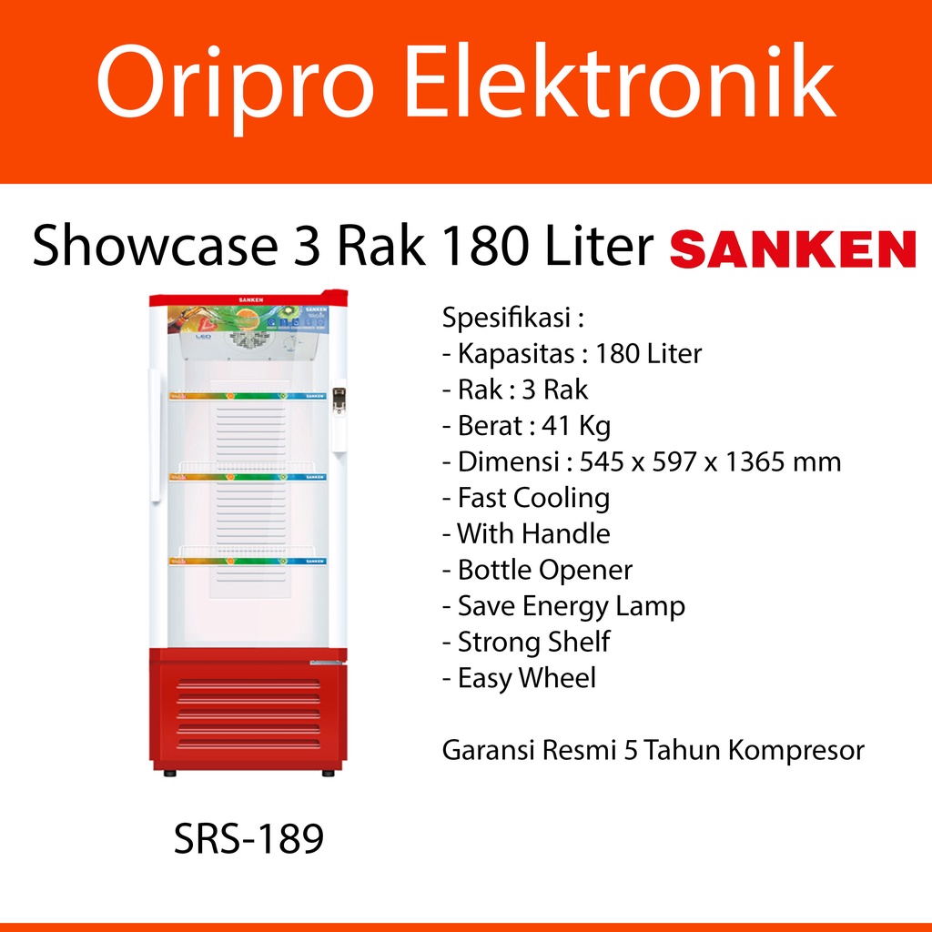 Kulkas Kaca Showcase Sanken 180 Liter 3 Rak SRS-189