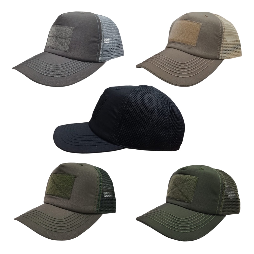 Topi Tactical / Perekat Ripstop Kombinasi Jaring Krem, Hitam, Hijau Olive, Abu tua