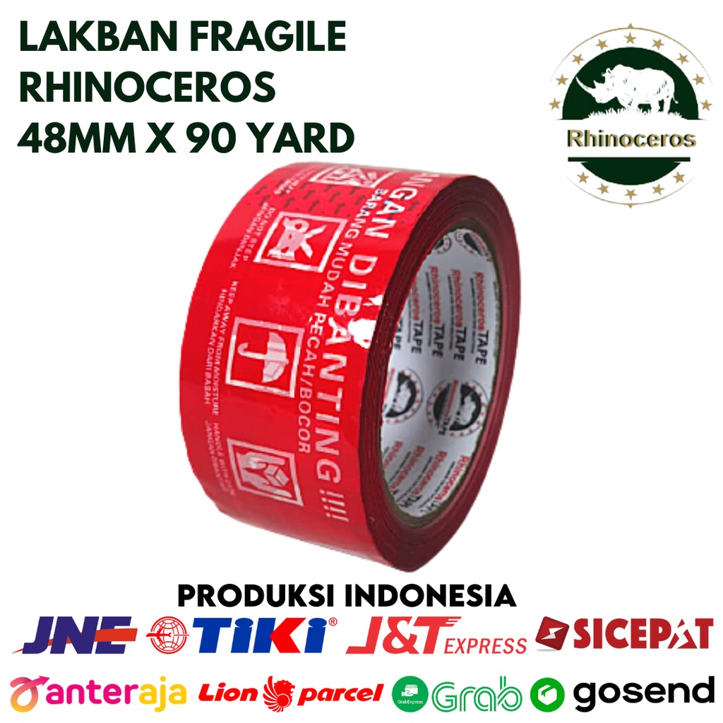 Lakban Fragile Merah RHINOCEROS Tape Selotip Isolasi 48MMx90YARD 2inci