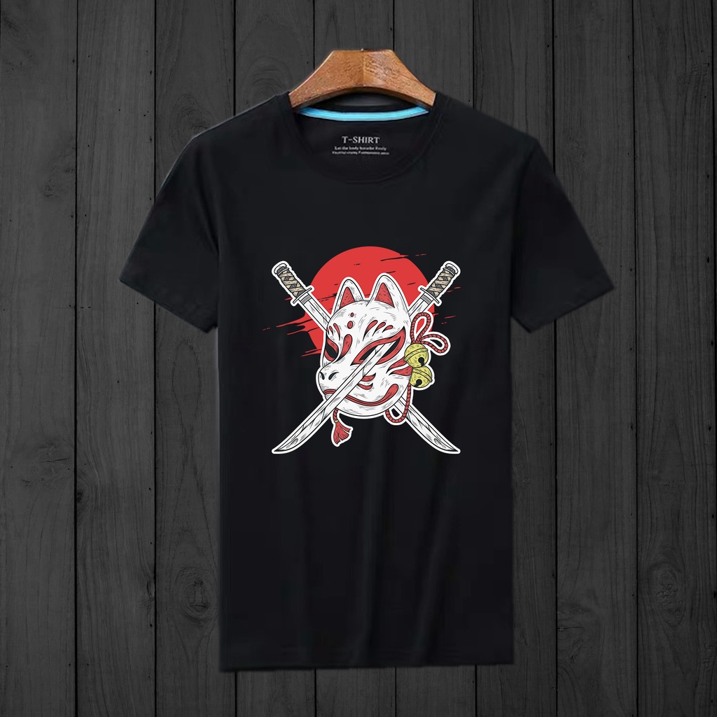 Baju kaos Pria Samurai Japan Atasan Lengan pendek kaos Tshirt Basic Cowok katun kombet