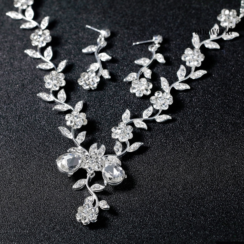 OW@ Women Rhinestone Leaves Flower Necklace Stud Earrings Wedding Bridal Jewelry Set