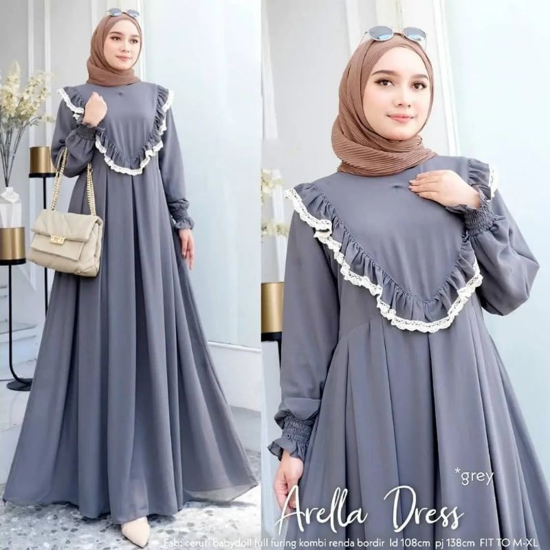 DRESS ARELLA CERUTY BABYDOLL/DRESS FULL FURRUNG APLIKASI RENDA/GAMIS MUSLIM WANITA TERBARU/FAR MOSLEMSTORE2