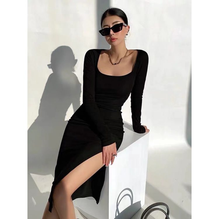 Korean Sexy Bodycon Square Neck Midi Dress Wanita Lengan Panjang 1444 (S-XL)