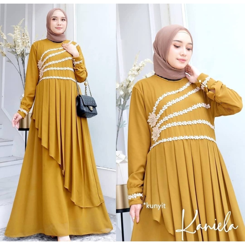 Gamis wanita KANIELA DRESS BAHAN CERUTY BABYDOLL APLIKASI RENDA LD 100 CM Gamis wanita terbaru 2023 Dress wanita kekinian Maxy dress wanita jumbo Baju muslim wanita modern Dress ceruty babydoll premium