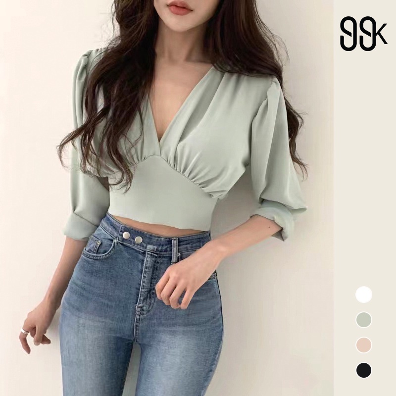 Korean Long Sleeve Crop Top Blouse Atasan Lengan Panjang 1296 (S - XL)