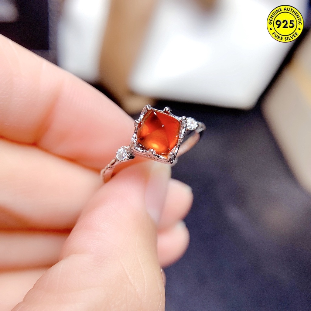 Cincin Model Terbuka Desain Batu Permata Garnet Alami Warna Oranye Kuning Untuk Wanita