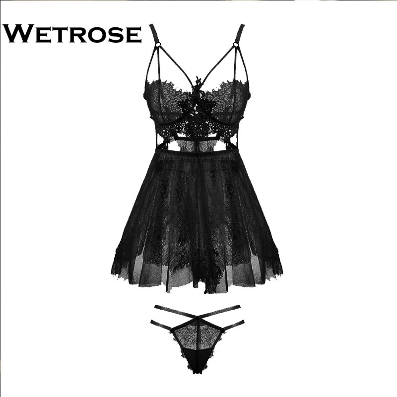 【Wetrose】Set Lingerie Dengan Tali Suspender Dan Rok Pendek Bahan Lace Mesh Untuk Wanita