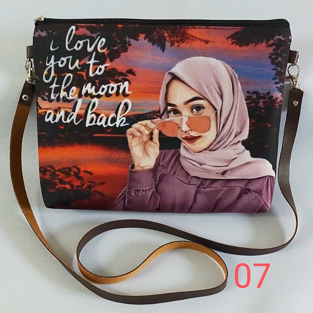 Tas Selempang Printing Hijab Wanita / Sling Bag Tali Kulit Canvas Sablon Karakter