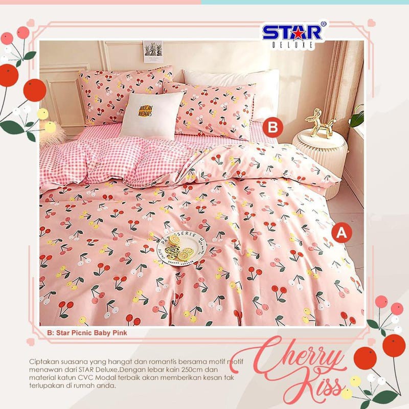 BEDCOVER SPREI SET KATUN LOKAL MOTIF CHERRY KISS PINK
