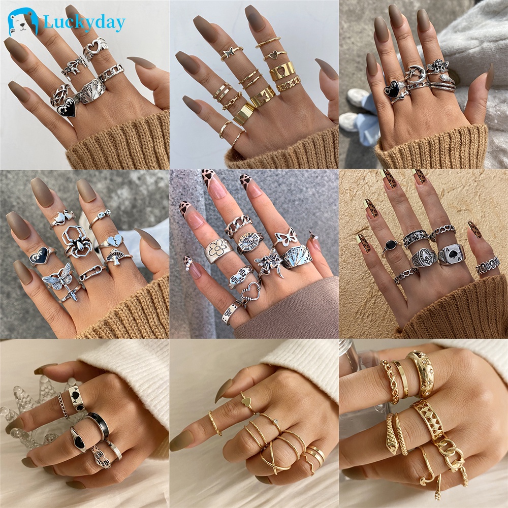 YEEZII Set Cincin Desain Ular / Laba-Laba / Hati Warna Emas / Silver Gaya Punk Untuk Hadiah