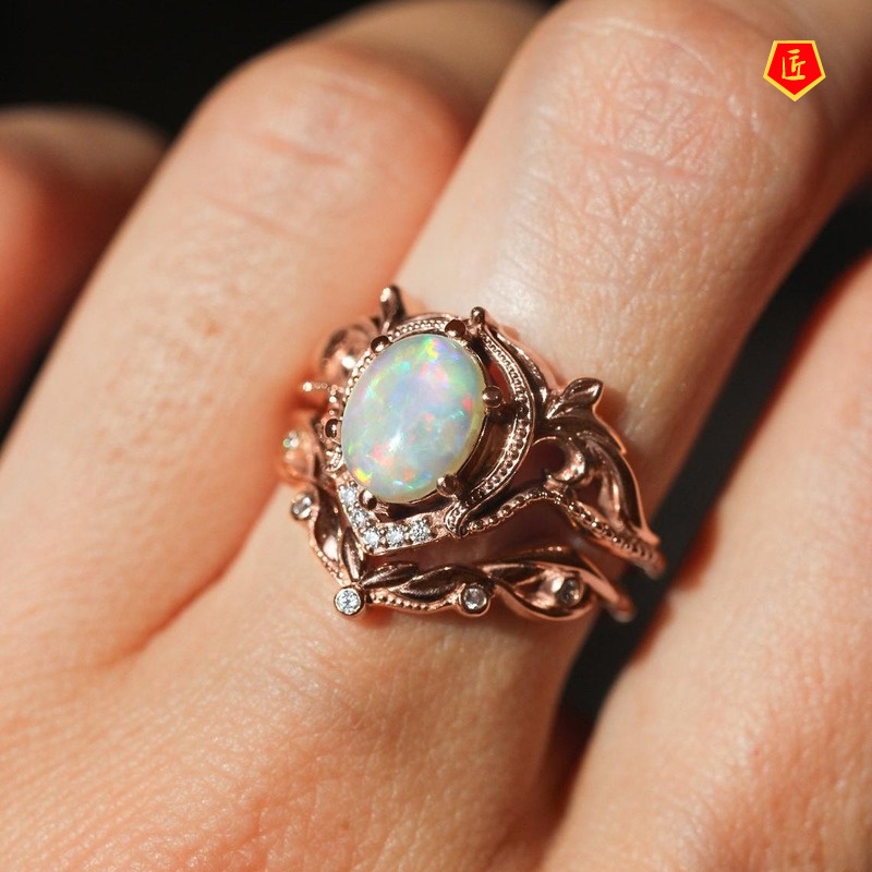 [Ready Stock]Exquisite Inlaid Opal Ring Set Female 18K Rose Gold