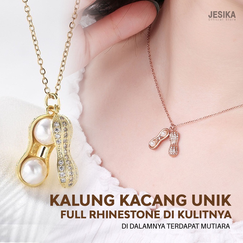 Kalung kacang mata rantai unik liontin full diamond permata rhinestone ada mutiara di dalam bahan alloy aesthetic warna silver rose gold putih untuk wanita