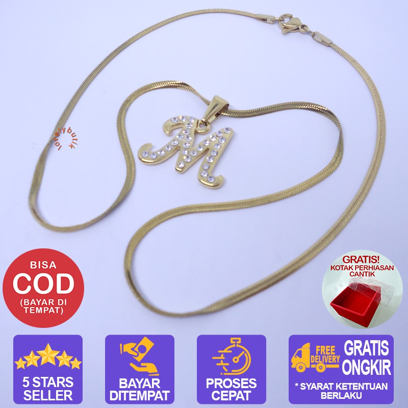 Lovelybutik Honey Kalung Huruf Titanium Anti Karat Inisial M Uk 45 cm BONUS KOTAK PERHIASAN