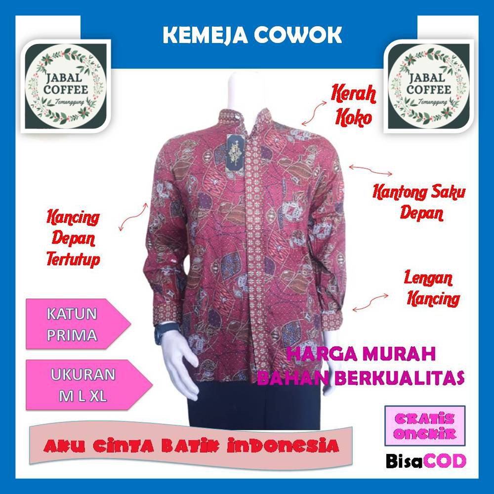 Baju Atasan Batik Katun Prima Pria Dewasa M L XL XXL / Atasan Panjang Pendek Kemeja Hem Batik J21