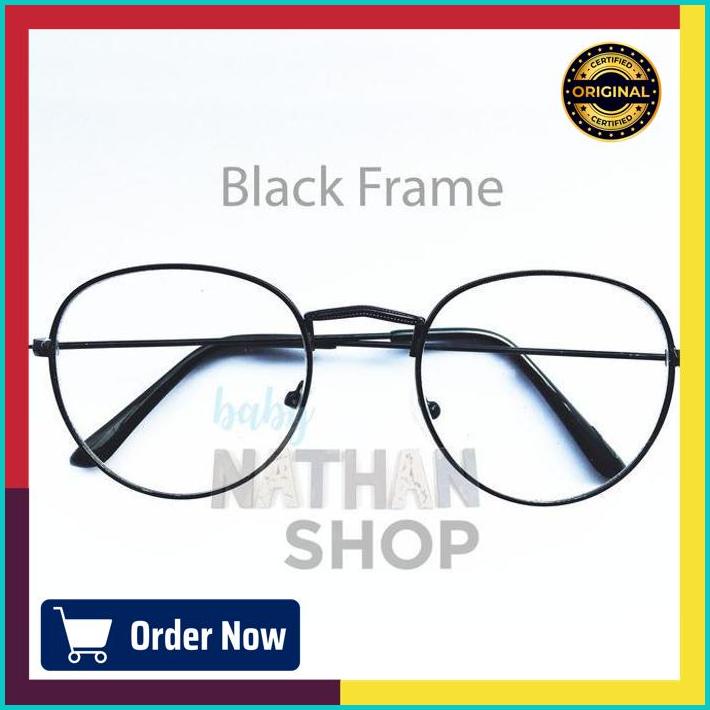 Kacamata Korea Frame Besi Simple Bulat Oval Fashion Pria Wanita - Hitam Bening