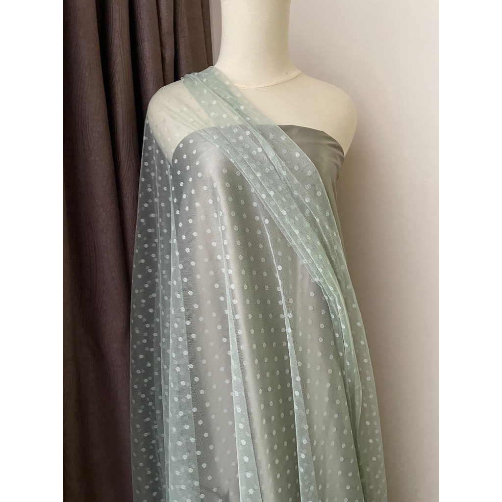 Bahan Kain Soft Tile Tille Tule Tulle Dot Dotty Warna Hijau Sage Green