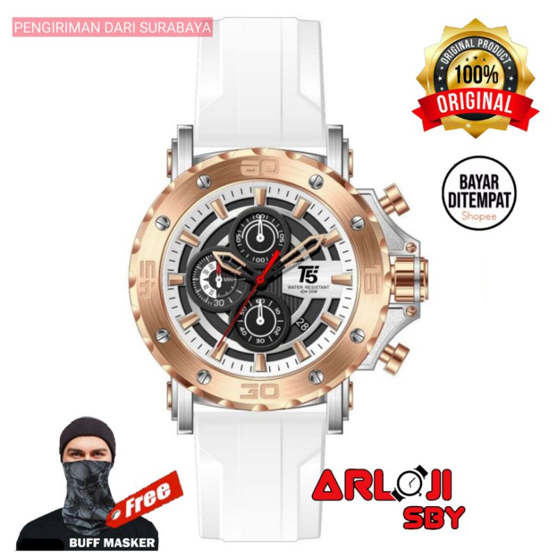 JAM TANGAN PRIA T5 H 3865 ORIGINAL TAHAN AIR 3 ATM CHRONO GREEN STRAP FREE BOX PAPPER BAG BUFF