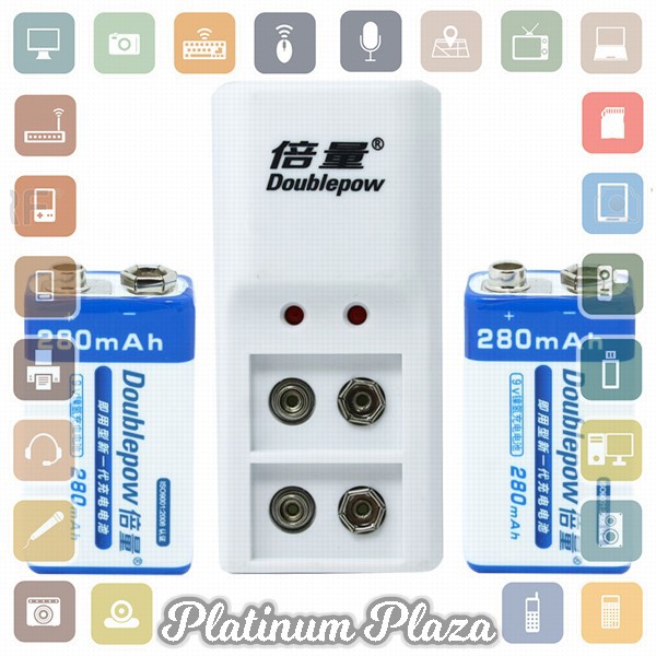 DOUBLEPOW Charger Baterai 2 slot for 9V with 2 PCS 9V Battery 280mAh - DB-B09 - White`1243LC-