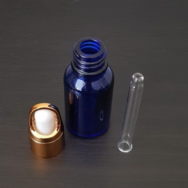 botol kaca pipet 15ml tebal biru ring gold