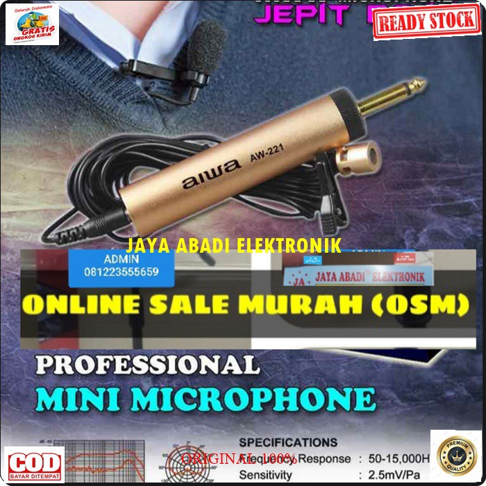 Original tum Mic Jepit Kancing kerah baju microphone Clip Condensor sensitif aux mikrophone mik karaoke sound audio emas klip asli RHS  Kabel 7-10 meter  DESKRIPSI * Mikrofon ini dengan elemen omni directional (Low noise FET), * Sebuah klip yang baik untu