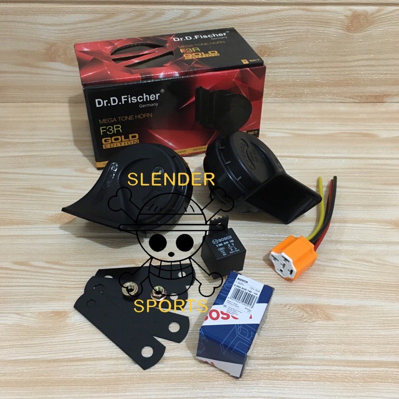KLAKSON KEONG DR D FISCHER GERMANY MEGA TONE HORN F3R GOLD EDITION 12V + SOCKET DAN RELAY BOSCH