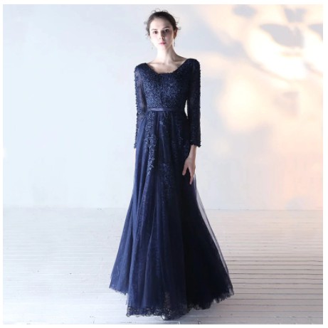 Gaun pesta lengan panjang navy blue maxi dress