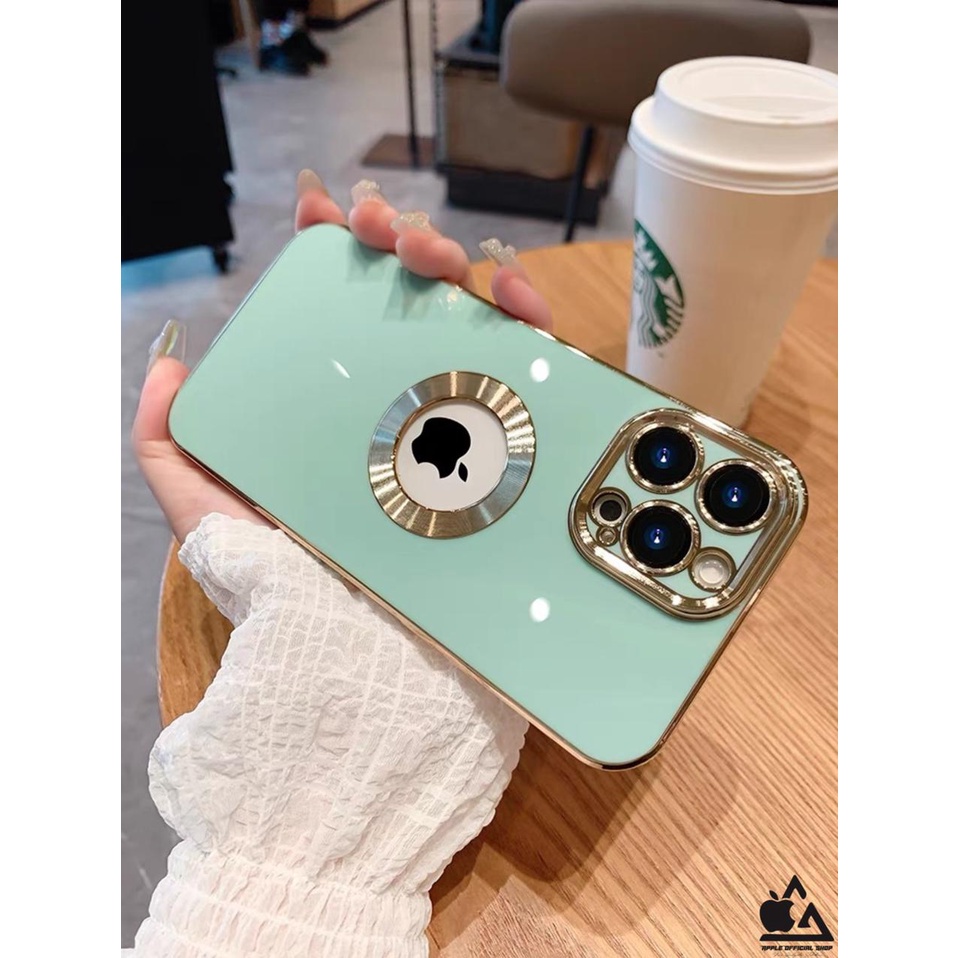 Premium Softcase Square Chrome LOGO BULAT iPhone 13 PRO MAX 12 PRO MAX 11 PRO MAX XR X XS MAX 7 7+ 8 8+ SE 2 3 With Lens Lensa Glass Camera Protector Soft Case Logo Apple List Krom Gold Electroplated Pelindung Kamera Silikon Jelly Clear Cover Bukan Hardca