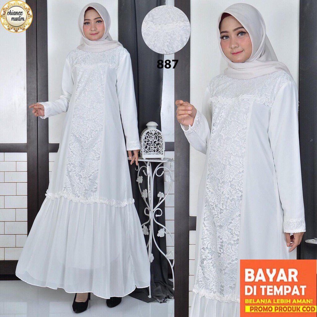 CHIANOZ Gamis Pesta Brukat Putih Wanita Busana Muslim CHIANOZ Gamis Pesta Brukat Putih Wanita Busana Muslim
