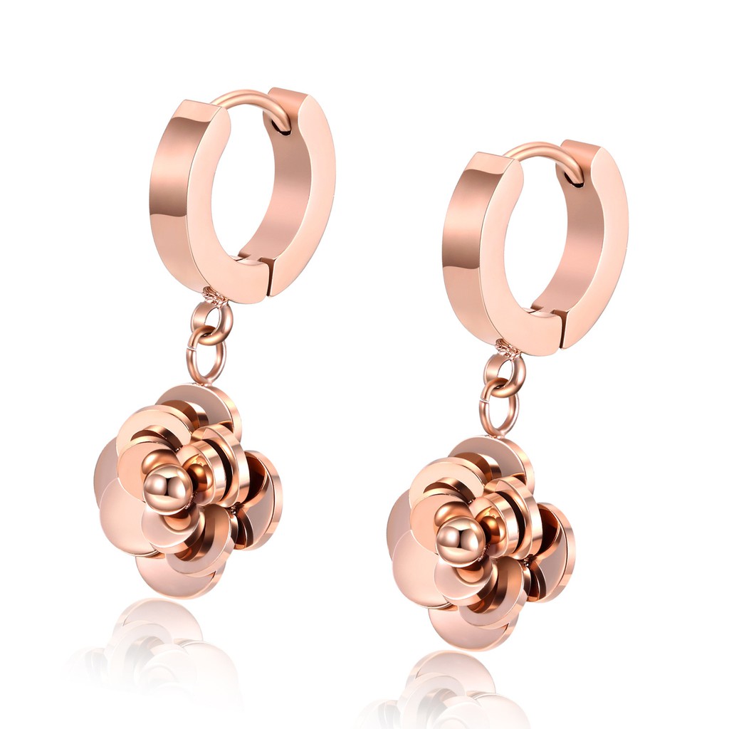 Anting Titanium Rose Gold Asli Wanita Fashion Anti Karat Murah AA042 motif bunga cakep feminim