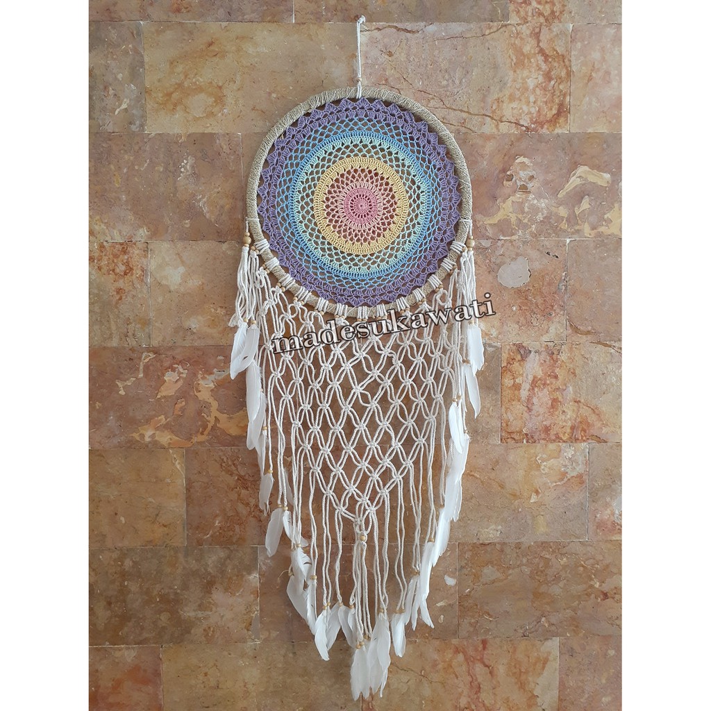 Dream catcher sulam jaring pelangi diameter 42cm panjang 128cm dekorasi hiasan rumah bulu ayam