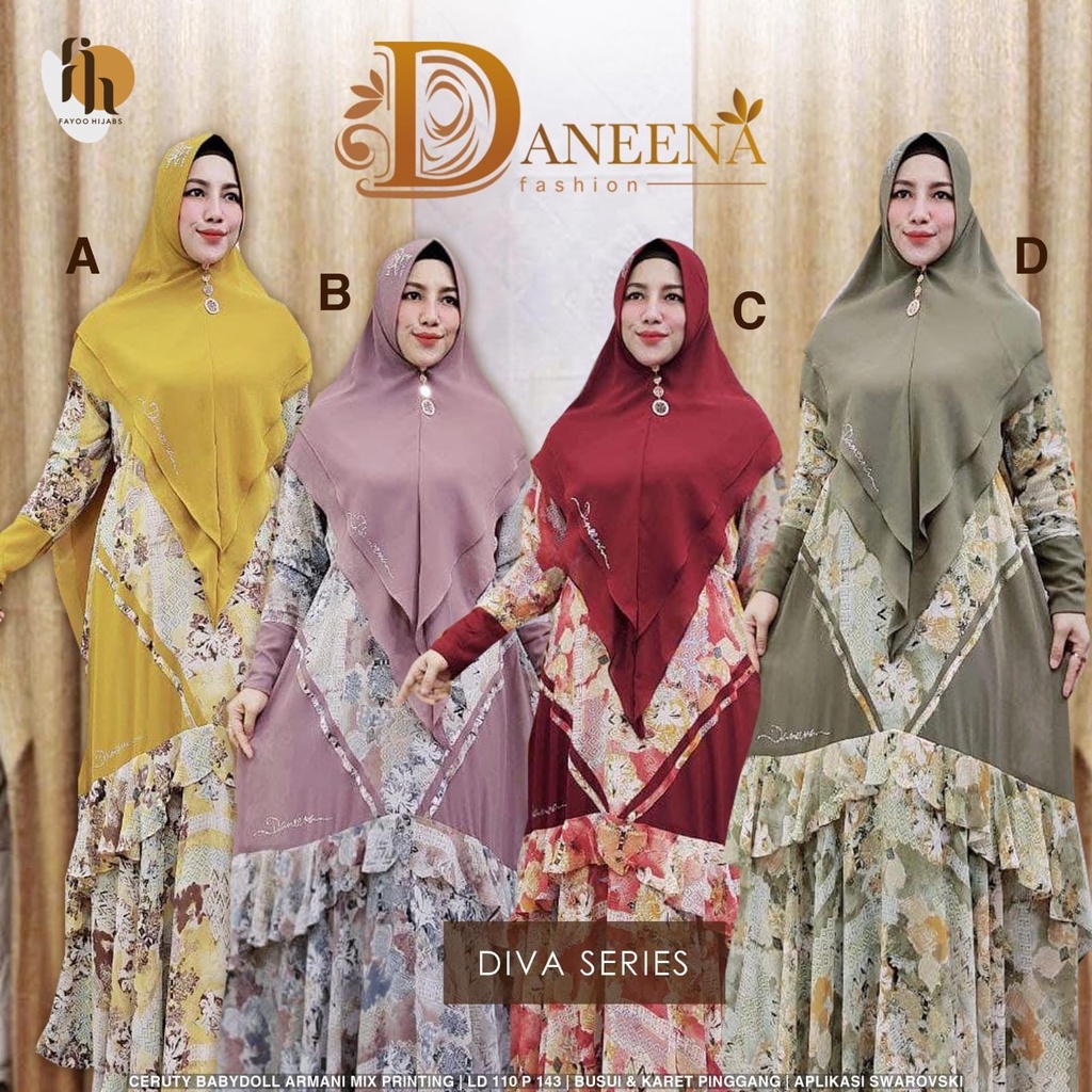 GAMIS SET DIVA SYAR'I ORI BY DANEENA FASHION LD. 110CM PB. 143CM BAHAN CERUTY BABYDOLL ARMANY MIX PR