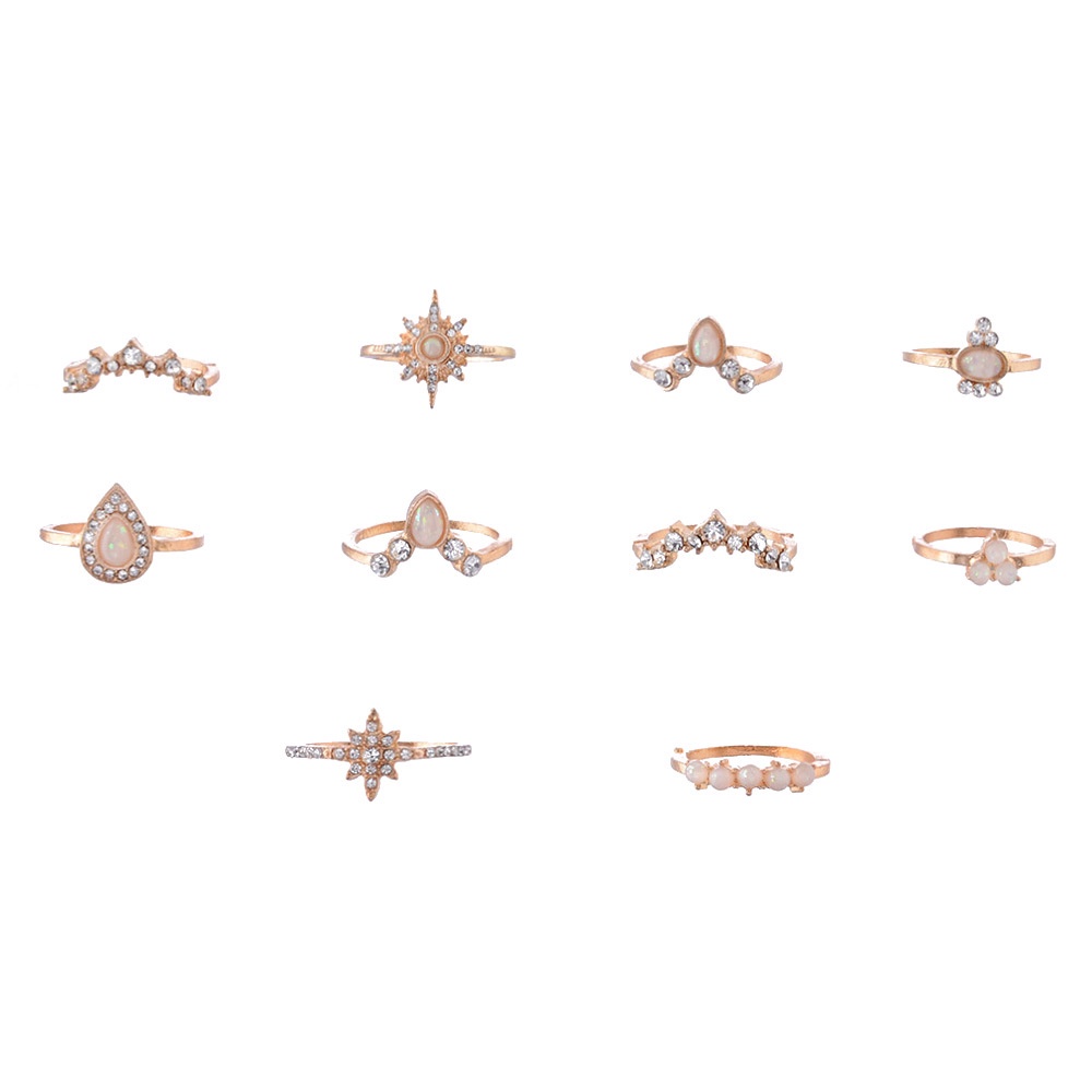 Eropa dan Amerika gaya baru imitasi opal style ring diamond crown kombinasi wanita 10 buah set cinci