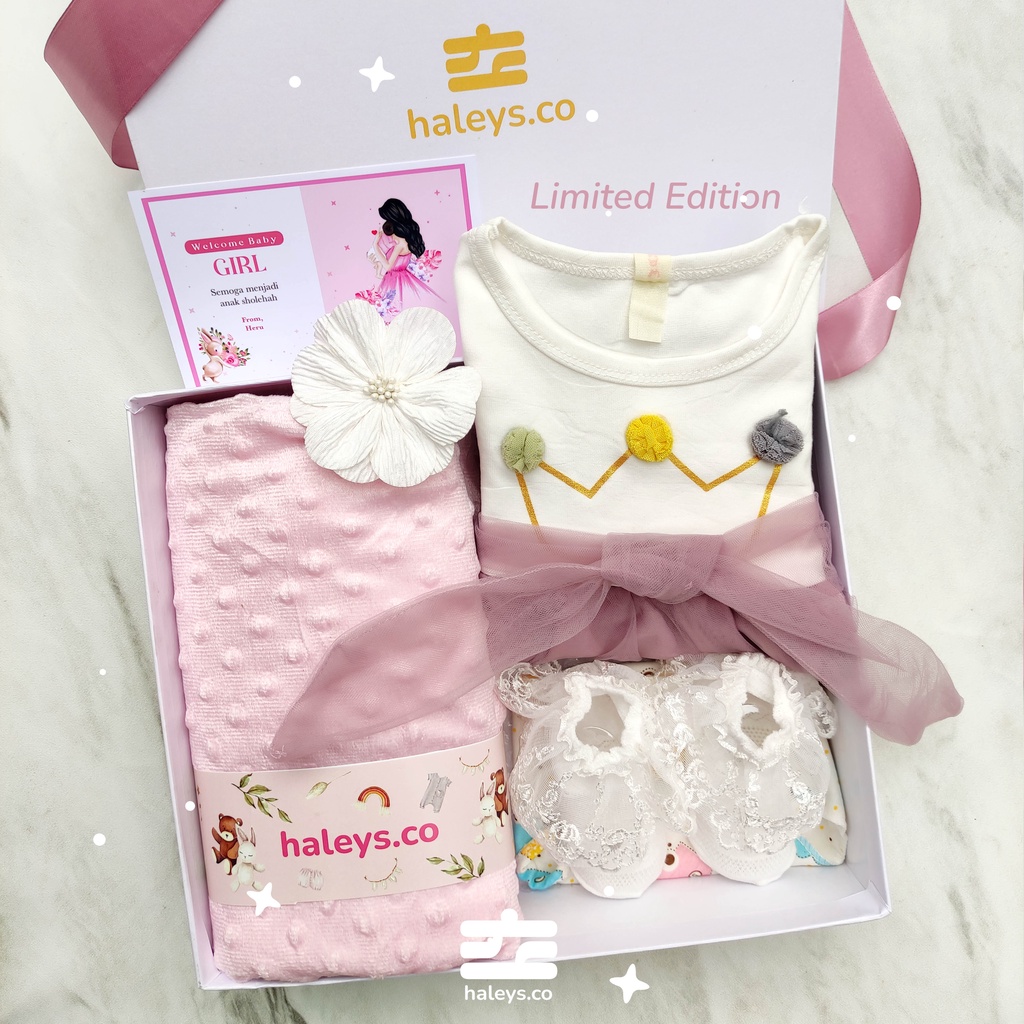 Kado bayi perempuan Korean Ungu White  LIMITED EDITION / Girl Baby Hampers 0-12 months/ Hampers bayi newborn tema korea / Kado bayi Laki Laki/ Babygirl Gift / Kado Lahiran / Giftbox baby / Haleys.co/ Kado bayi cewe