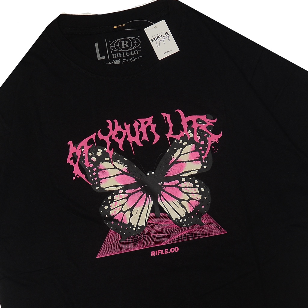 Rifle.co t-shirt hitam butterfly magenta