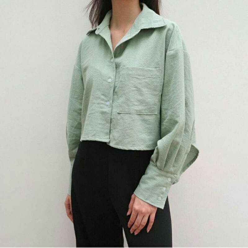 RD FASHION - Davi Linen Shirt Kemeja Crop Linen Pocket Wanita Oversize Crop Korean Style Premium Terbaru Perempuan Korea Modern Terlaris