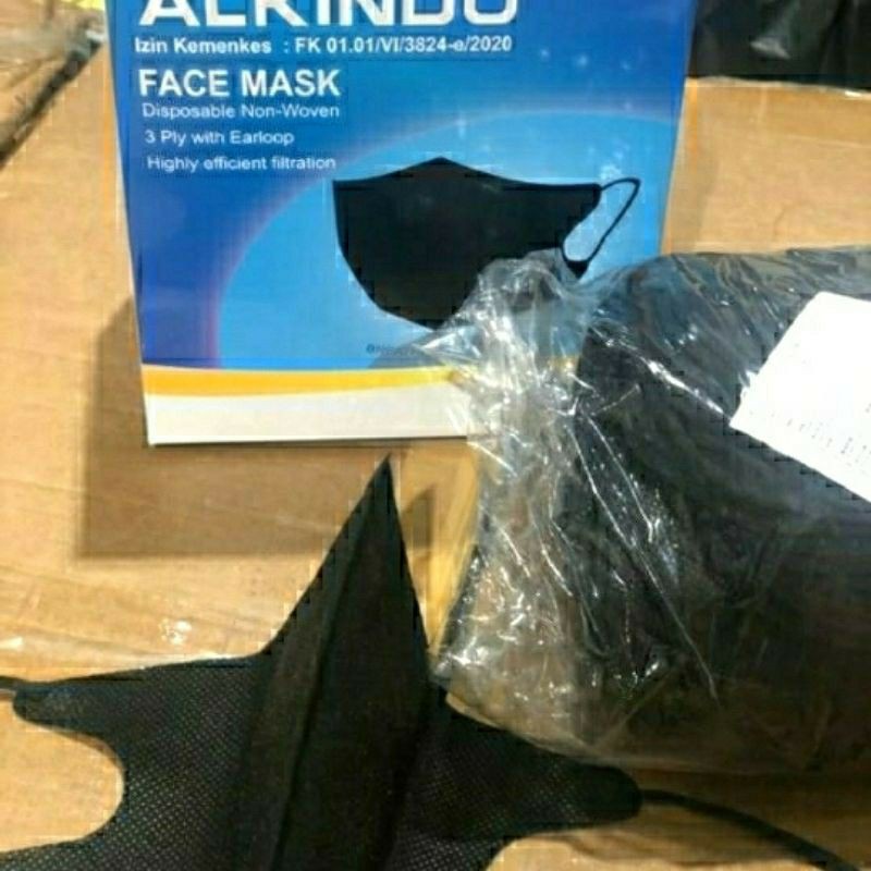 50 pcs MASKER DUCKBIL HITAM ALKINDO FACE mask 3 ply