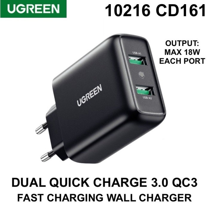 UGREEN Kepala Adaptor Charger Dual USB Adapter Wall Charger QC 3.0 Fast Charging 36W Oppo Vivo Samsung CD161 10216