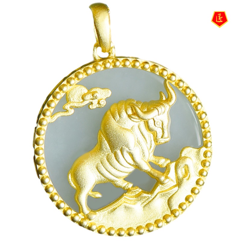 [Ready Stock]Hetian White Jade Gold Inlaid with Jade Chinese Zodiac Cow Pendant Elegant