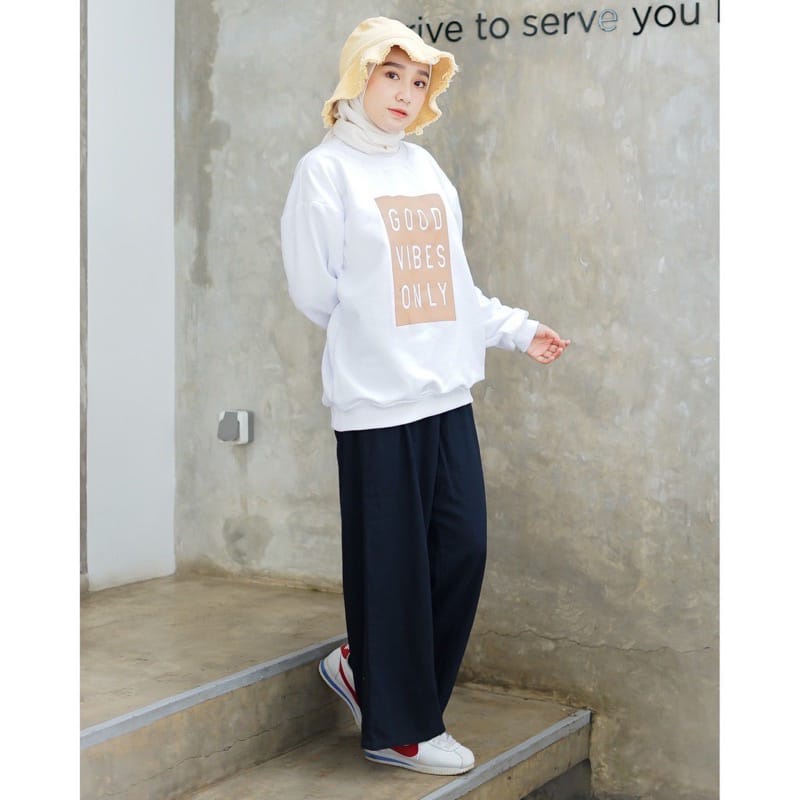 SWEATER WANITA GOOD VIBES ONLY /// ATASAN ALA KOREA FLEECE TEBAL HALUS TERBARU''