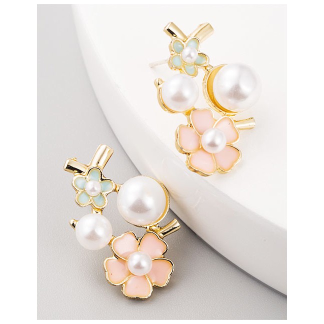 LRC Anting Tusuk Fashion Pink Dripping Pearl Flower Hollow Alloy Earrings D94298