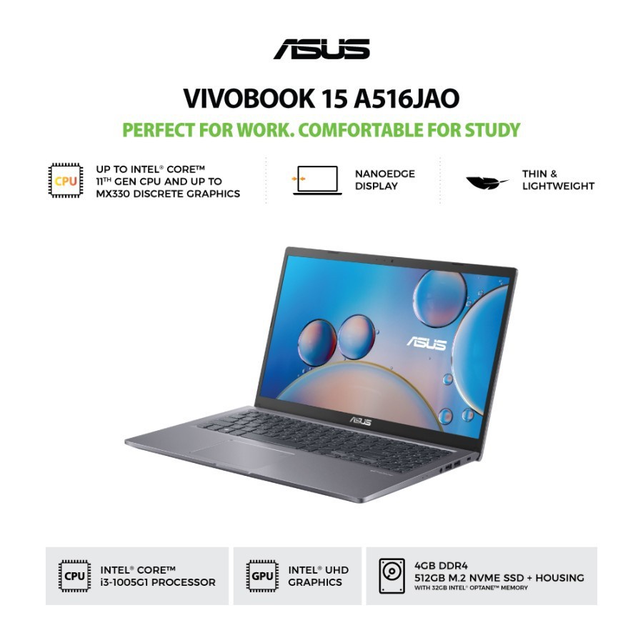 ASUS A516JAO VIPS353+ GREY CORE i3 1005G1 4GB 512SSD 15.6"FHD IPS WIN10