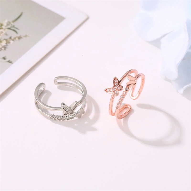 [Korean Fashion Retro Double Layer Crystal Butterfly Adjustable Open Rings For Women] [ Elegant Ladies Smooth Fine Thin Finger Ring] [Lovely Jewelry Gifts For Girl Friends]