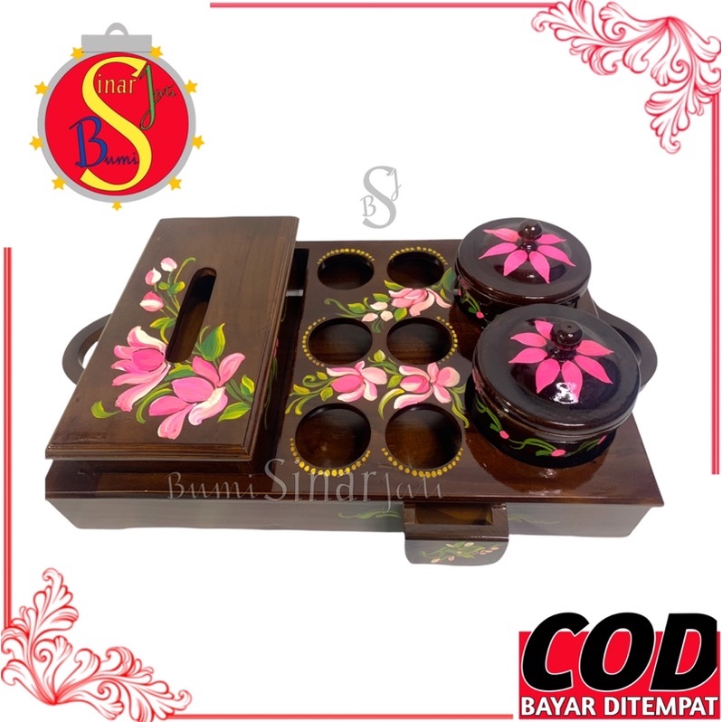 PALING MURAH Tempat Aqua Gelas Kayu Jati Set Toples + Tempat Tisu (3 in 1) Motif Warna Cantik DARI K