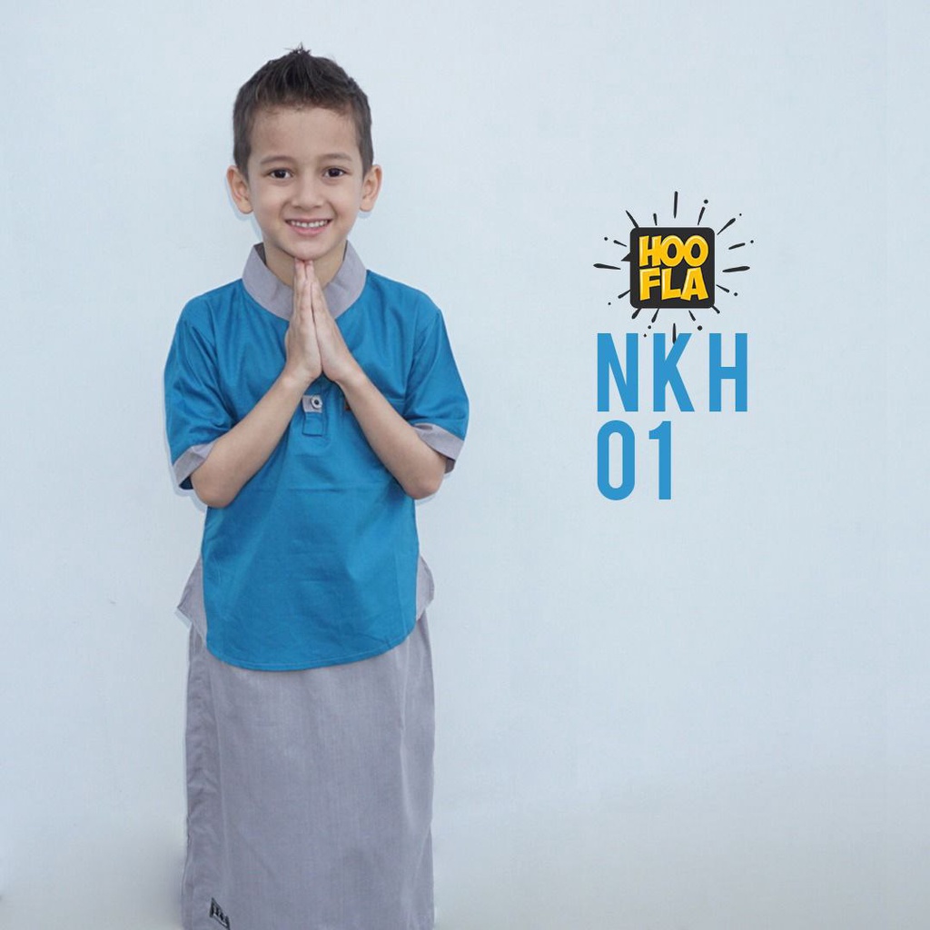 Hooflakids Set Setelan Baju Koko Anak Laki Laki Usia 1-10 Tahun Warna Biru Tosca (NKH01) Bawahan Celana Sarung Sarcel