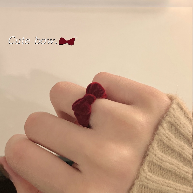 Roselife Cincin Wanita Model Terbuka Bahan Velvet Desain Pita Warna Merah Anggur Gaya Vintage Adjustable