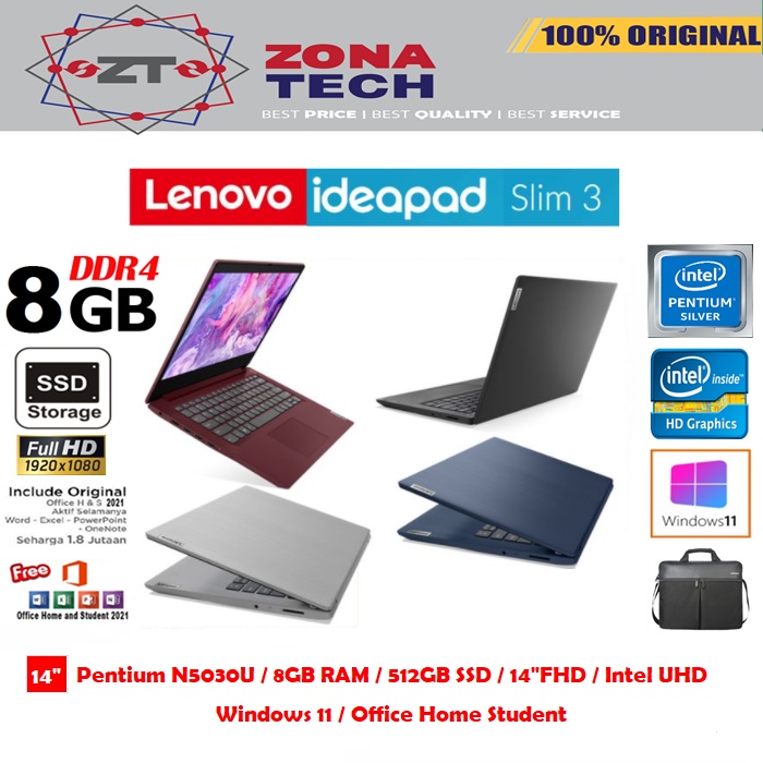 LENOVO IDEAPAD SLIM 3 - INTEL PENTIUM N5030U - 8GB - 512GB SSD - INTEL UHD - 14&quot;FHD - WIN11 - OHS