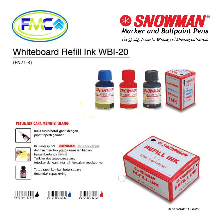 Tinta Spidol Whiteboard Non Permanent Snowman Papan Tulis Boardmarker Isi Ulang Sepidol  Refil Warna Hitam Biru Merah Hijau Asli Original