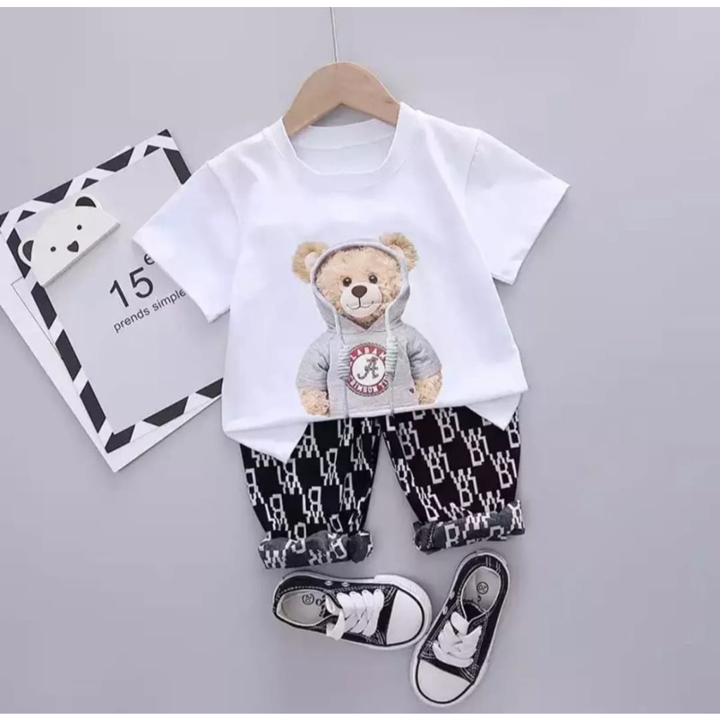 NUR-BEAR SET | SETELAN ANAK LAKI-LAKI PEREMPUA TERBARU SETELAN MOTIF BEAR HOODIE CELANA PANJANG BW 1-5 TAHUN - BLACK-WHITE-BLUE