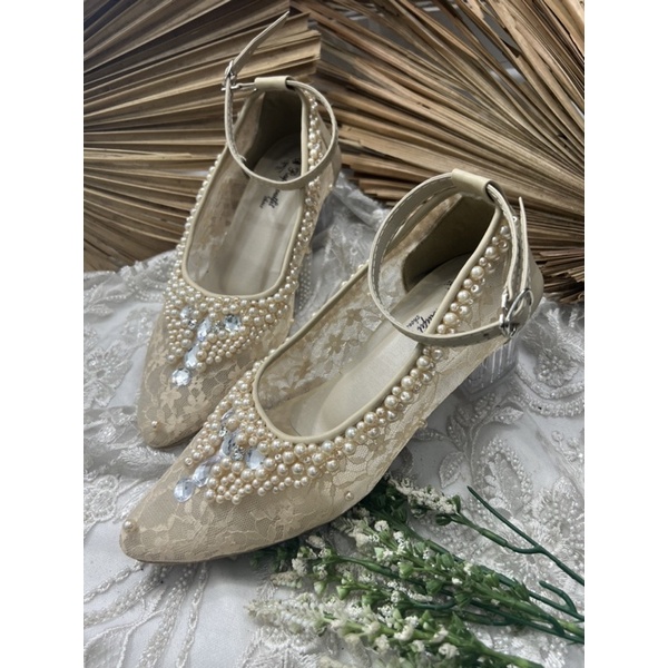 sepatu wedding wanita sayfira cream tali 5cm kaca