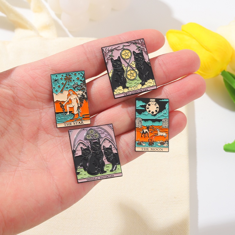 Bros Pin Enamel Desain Kartun Kucing Matahari Bulan Kartu Tarot 6 Gaya Untuk Hadiah